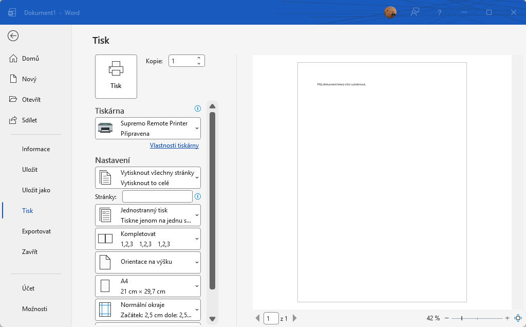 Náhľad, kde je tlačiareň s názvom Supremo Remote Printer pripravená na tlač